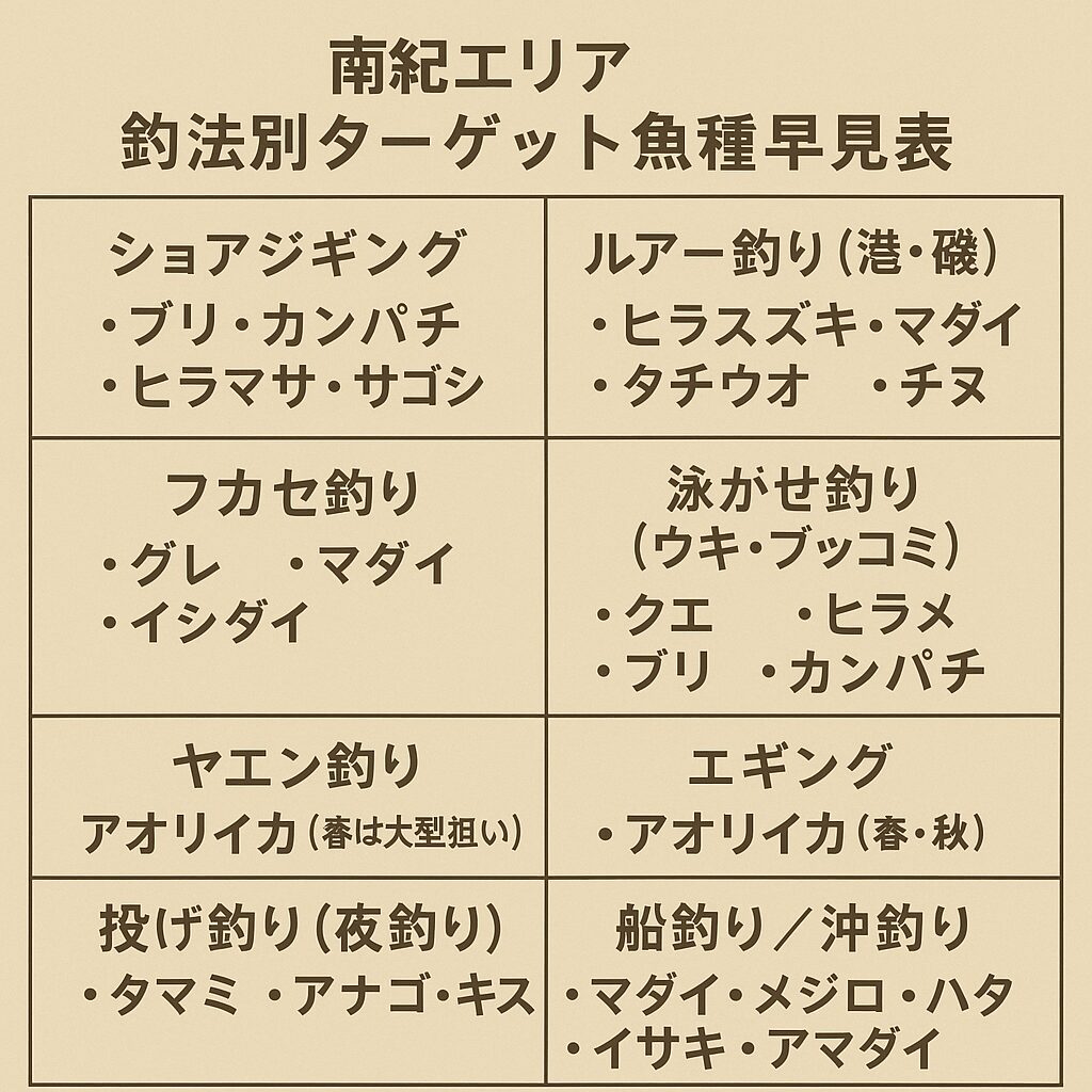 南紀エリア「釣法別ターゲット魚種」早見表。釣太郎