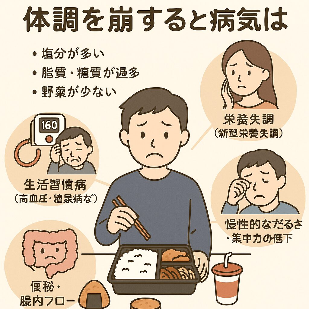 1日3食コンビニで済ませた場合、読れ来で体調壊すと考えられるか？それはどんな病気か？釣太郎