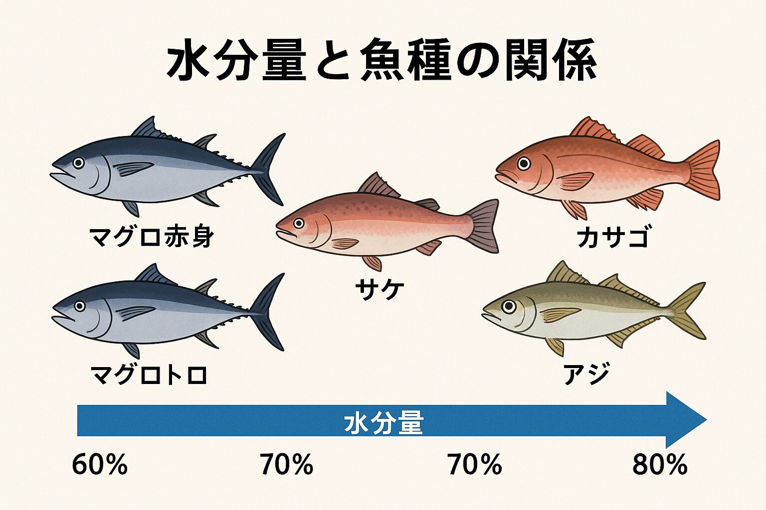 魚には水分が多い少ないがある。その理由と代表魚説明。釣太郎