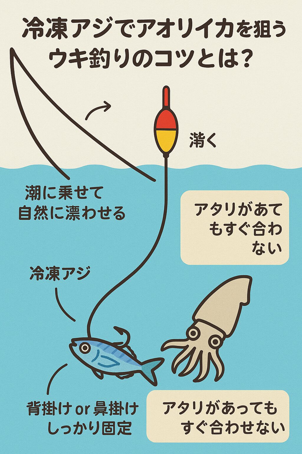 冷凍アジでアオリイカを狙う！ウキ釣りのコツ説明。釣太郎