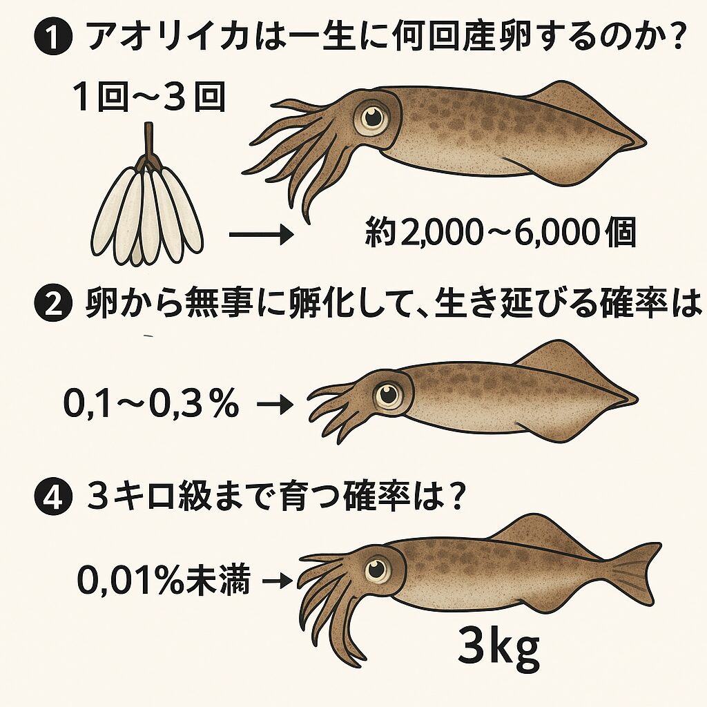 1回の産卵でアオリイカが産む卵の数は、約2,000個〜6,000個。釣太郎