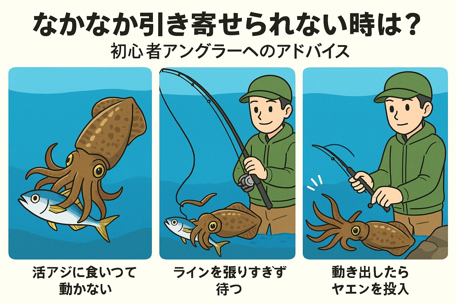 大型アオリイカが引き寄せられないのはよくある現象。焦らず時間を置くことで、しっかり抱かせるのが最重要ポイント。釣太郎
