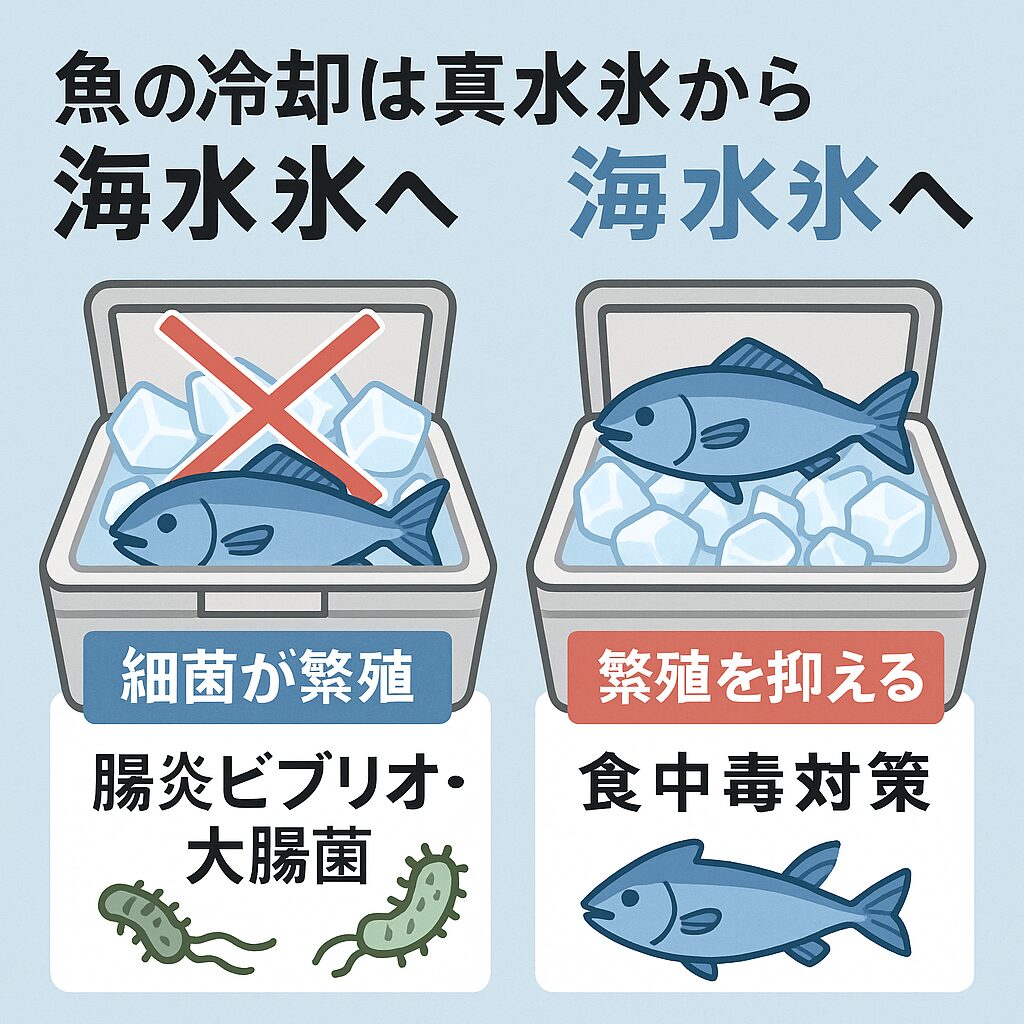 海水を凍らせた海水氷は、食中毒の原因菌である「腸炎ビブリオ」や「大腸菌」などの繁殖を抑える力がある。釣太郎