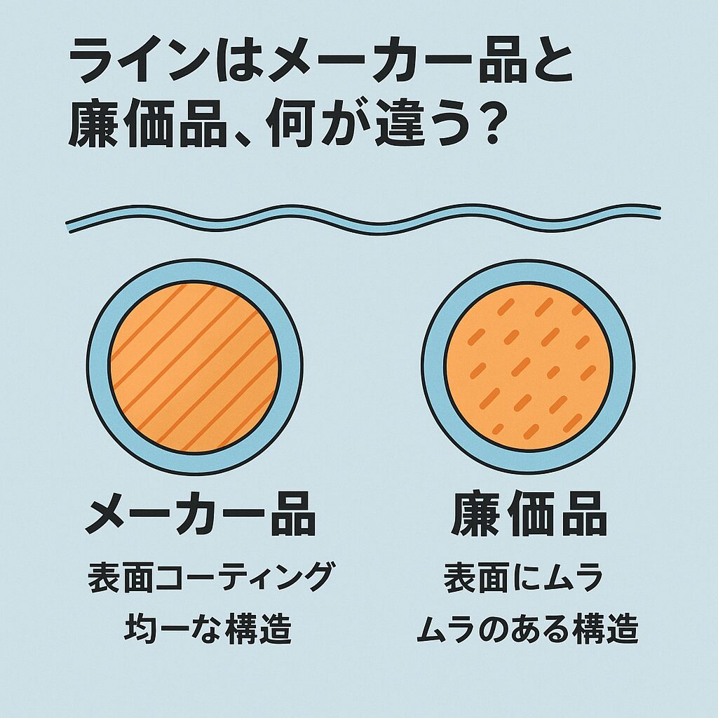 釣り用のライン（道糸・ハリス）における「メーカー品（有名ブランド品）」と「廉価品（安価なノンブランド品や量販店オリジナル）」の違い説明。釣太郎