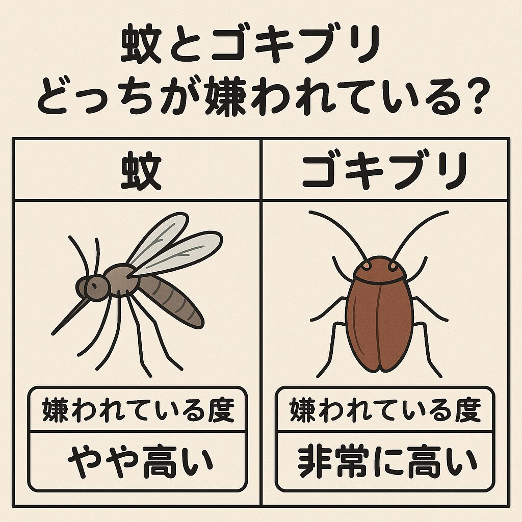 き割られる虫の代表、結論から言うと── 「ゴキブリの方が一般的には嫌われ度が高い」 ただし、 「蚊の方が現実的な被害は深刻」 という特徴があります。 わかりやすく表にまとめます。 比較項目 蚊 ゴキブリ 見た目の嫌悪感 中〜高 圧倒的に高 突発的な驚き 低（音なし） 高（飛ぶ・速い） 健康被害 高（感染症リスク） 低〜中（食中毒原因・アレルギー） 被害の頻度 夏場に集中 通年 対策のしやすさ スプレー・服装など有効 完全駆除は難しい ネットアンケート「嫌いな虫ランキング」 2〜3位 ほぼ毎回1位 簡単にまとめると ・「見た瞬間の不快感」ではゴキブリが圧勝 ・「人間に対する現実の脅威」では蚊の方が上 つまり ・心の敵 → ゴキブリ ・体の敵 → 蚊 という感じです。。釣太郎