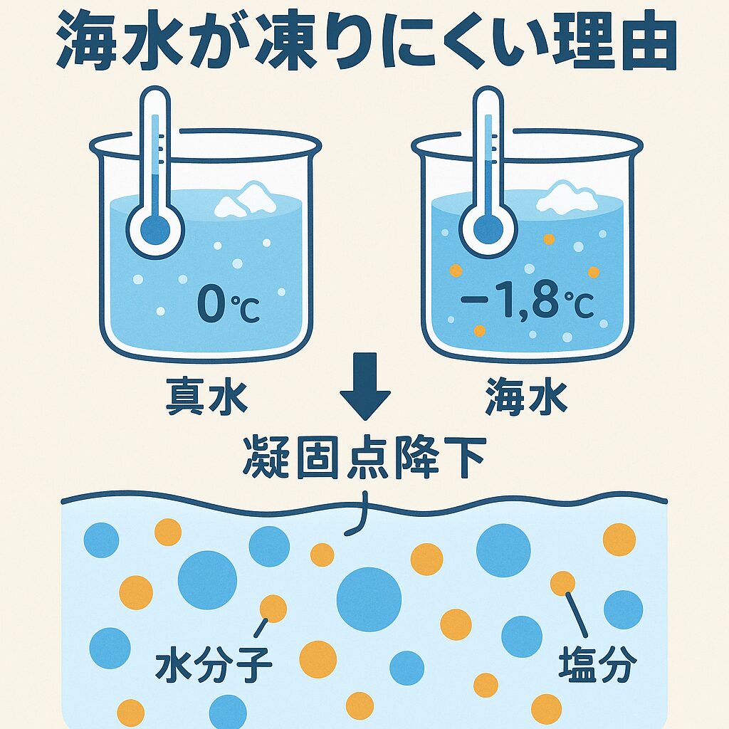 海水は真水に比べて凍りにくい。その理由は、海水に含まれる「塩分（主に塩化ナトリウム）」が水の凝固点（凍る温度）を下げるため。釣太郎