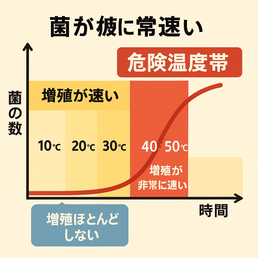 食中毒は気温20℃〜50℃の範囲は、菌が爆発的に増殖する危険温度帯!釣太郎