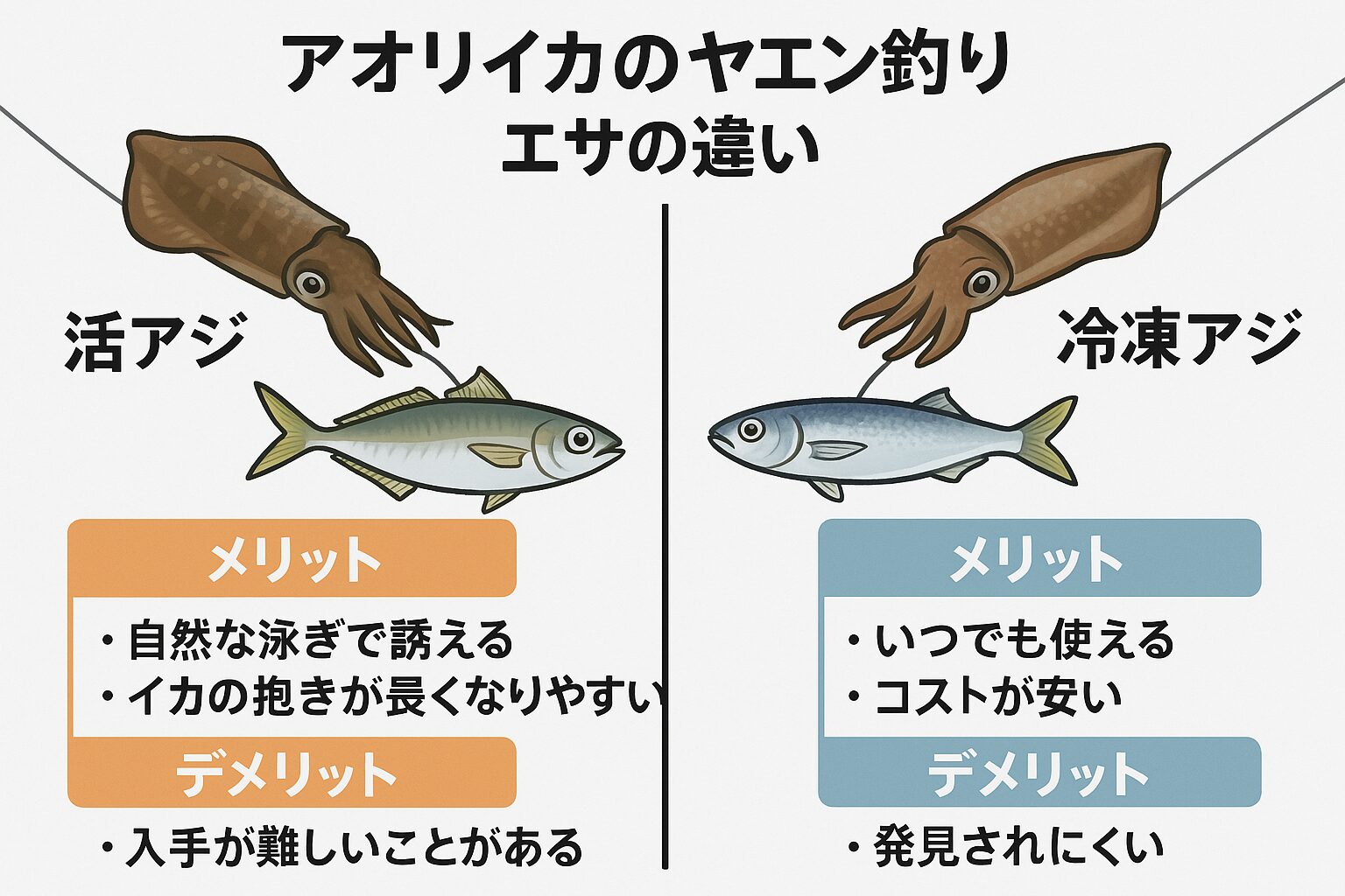 アオリイカのヤエン釣り、冷凍アジと活アジの対比。それぞれの利点と欠点紹介。釣太郎