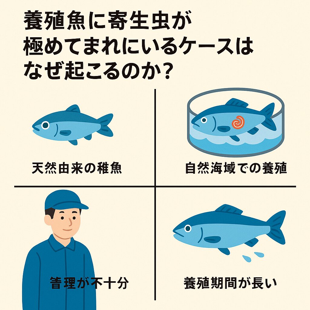 養殖魚には寄生虫が少ないが、稀に入っていることがある理由説明。釣太郎