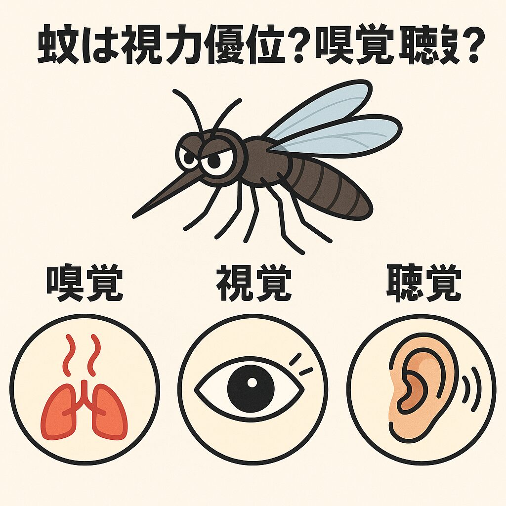 蚊は嗅覚が最重要のセンサー。 ・視覚は補助的に使用し、動く黒いものに惹かれる。 ・聴覚はほぼ使用しない。釣太郎