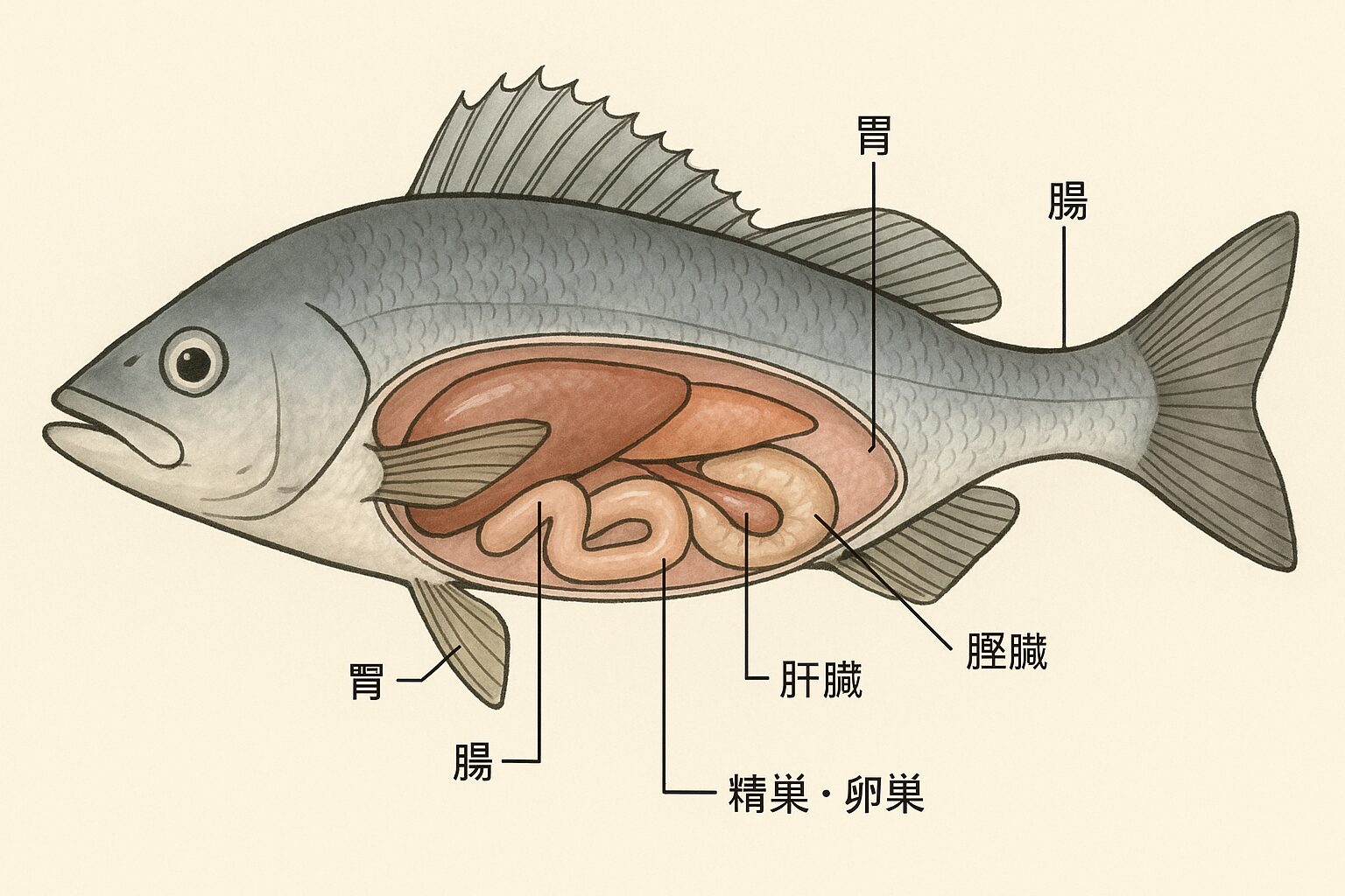 魚の内臓位置を示した解剖イラスト。釣太郎