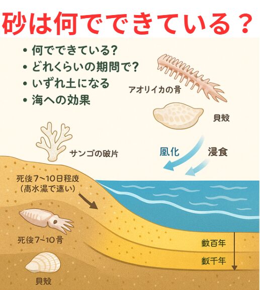 ビーチの砂は、主に岩石や貝殻、生物の殻が長い時間をかけて細かく砕かれたもので構成されています。釣太郎
