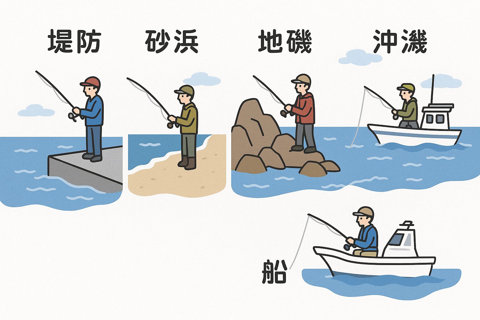 釣り場の違い徹底解説!堤防・砂浜・地磯・沖磯・船釣りの特徴と選び方。釣太郎
