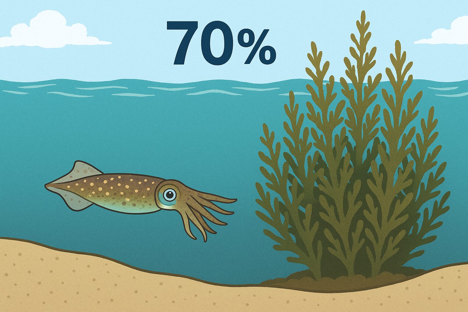 ５月末のアオリイカが海藻が生い茂る藻場にいる確率は70％。釣太郎