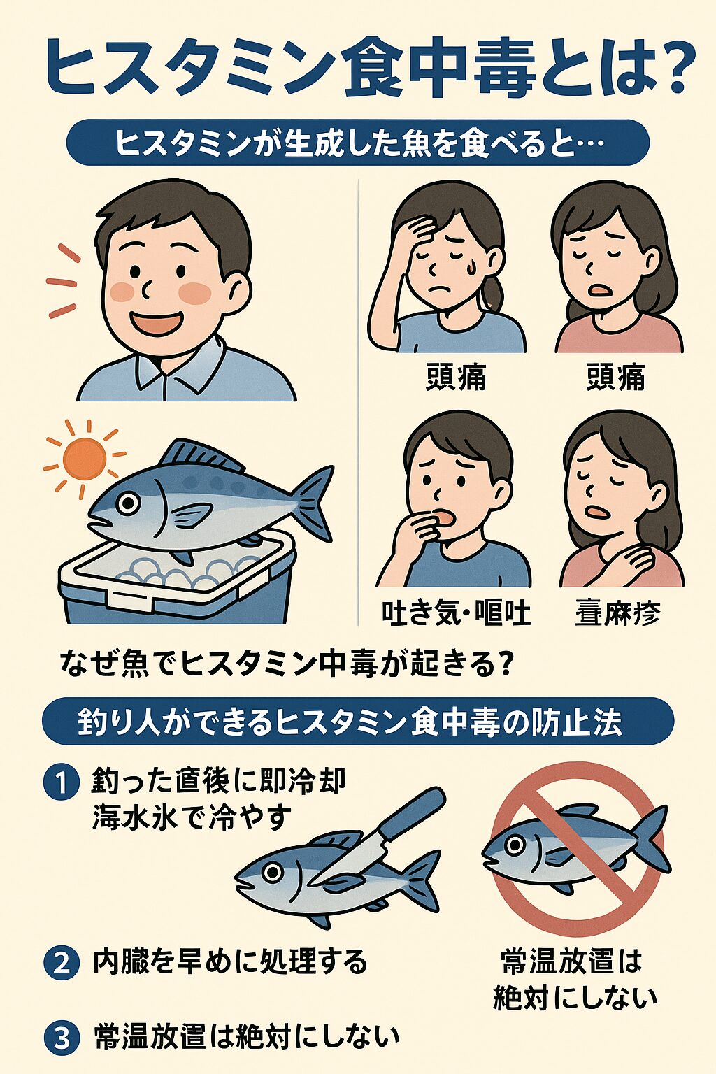 ヒスタミン食中毒は、新鮮に見える魚でも発生するため、知らないと非常に危険。釣太郎