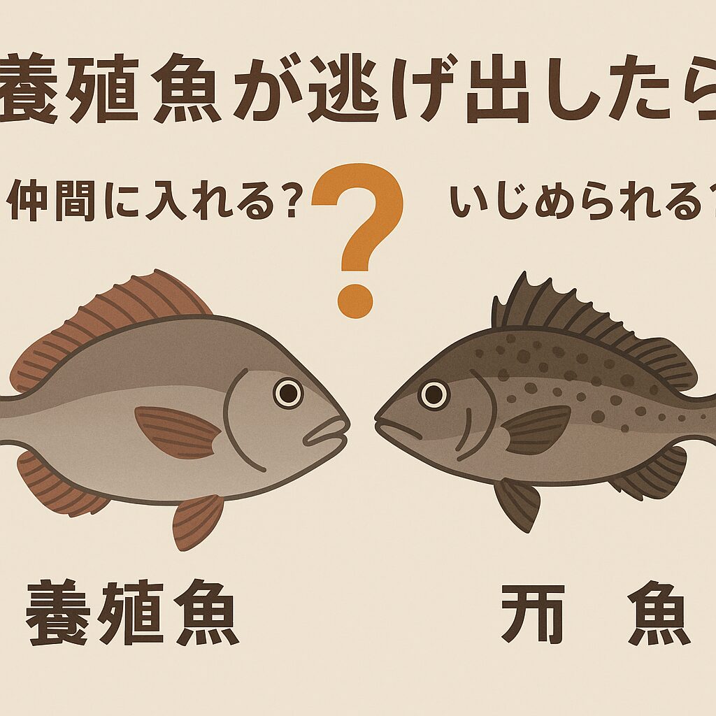 養殖魚が逃げ出しても、すぐに天然魚と仲良くなるのは難しい。泳ぎや生態の違いから「違和感」が生じ、群れに入れないことも。釣太郎
