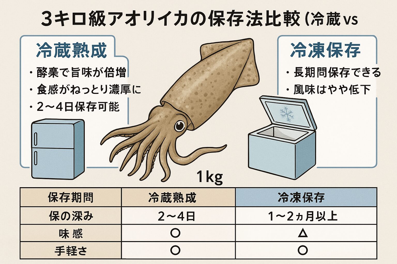 大型アオリイカを吊ったら、「すぐ食べる」よりも「冷蔵で熟成させる」がベスト。釣太郎