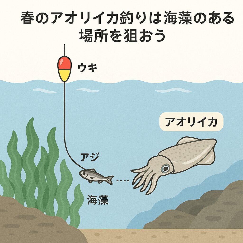 海藻が生い茂っている場所はアオリイカが多い。それはウキ釣りで狙うのが一番。釣太郎