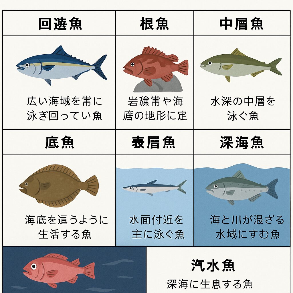 魚は「回遊魚」「根魚」以外にも、生息場所・行動特性・生活史の違いによってさまざまな分類がされます。釣太郎