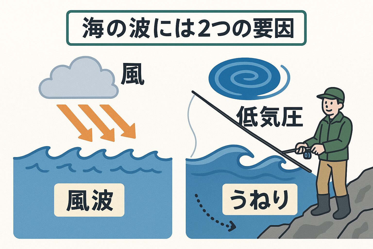 波がある時は、「うねり」と「風波」がある。この違い説明。釣太郎