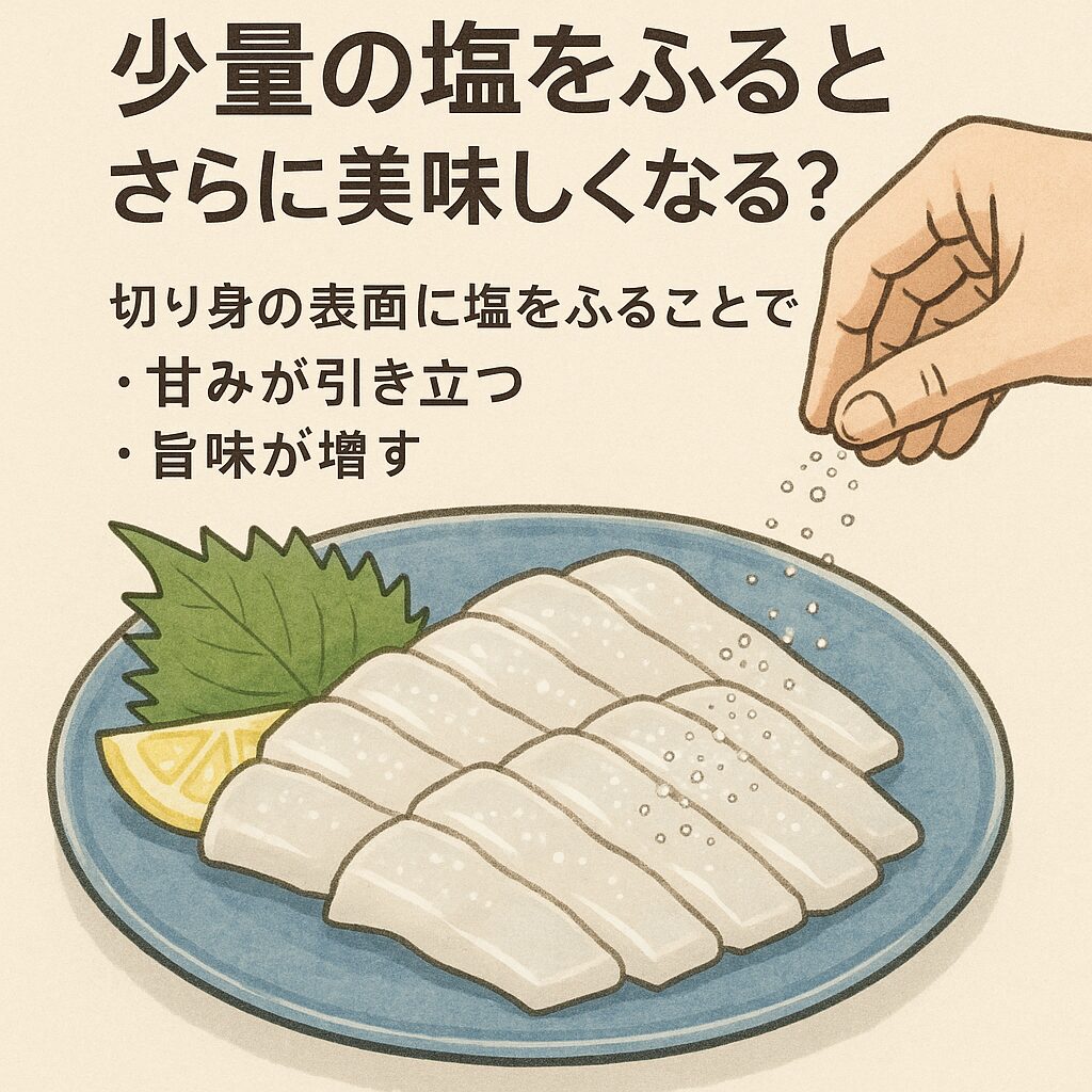 アオリイカの刺身に少量の塩をふることで、食感がより際立ち、甘味が引き立ち、旨味が凝縮される。釣太郎