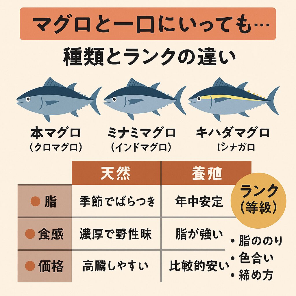 マグロには種類があり、本マグロのように超高級魚から、アkン詰めにされるビンチョウマグロまでいろいろ。釣太郎