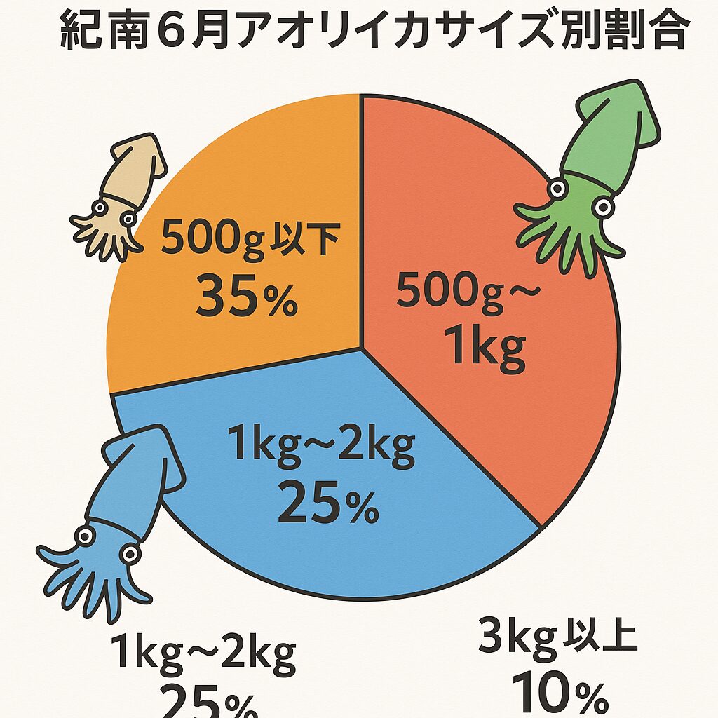 AI推察データをもとに、6月に釣れるアオリイカのサイズ別割合。釣太郎