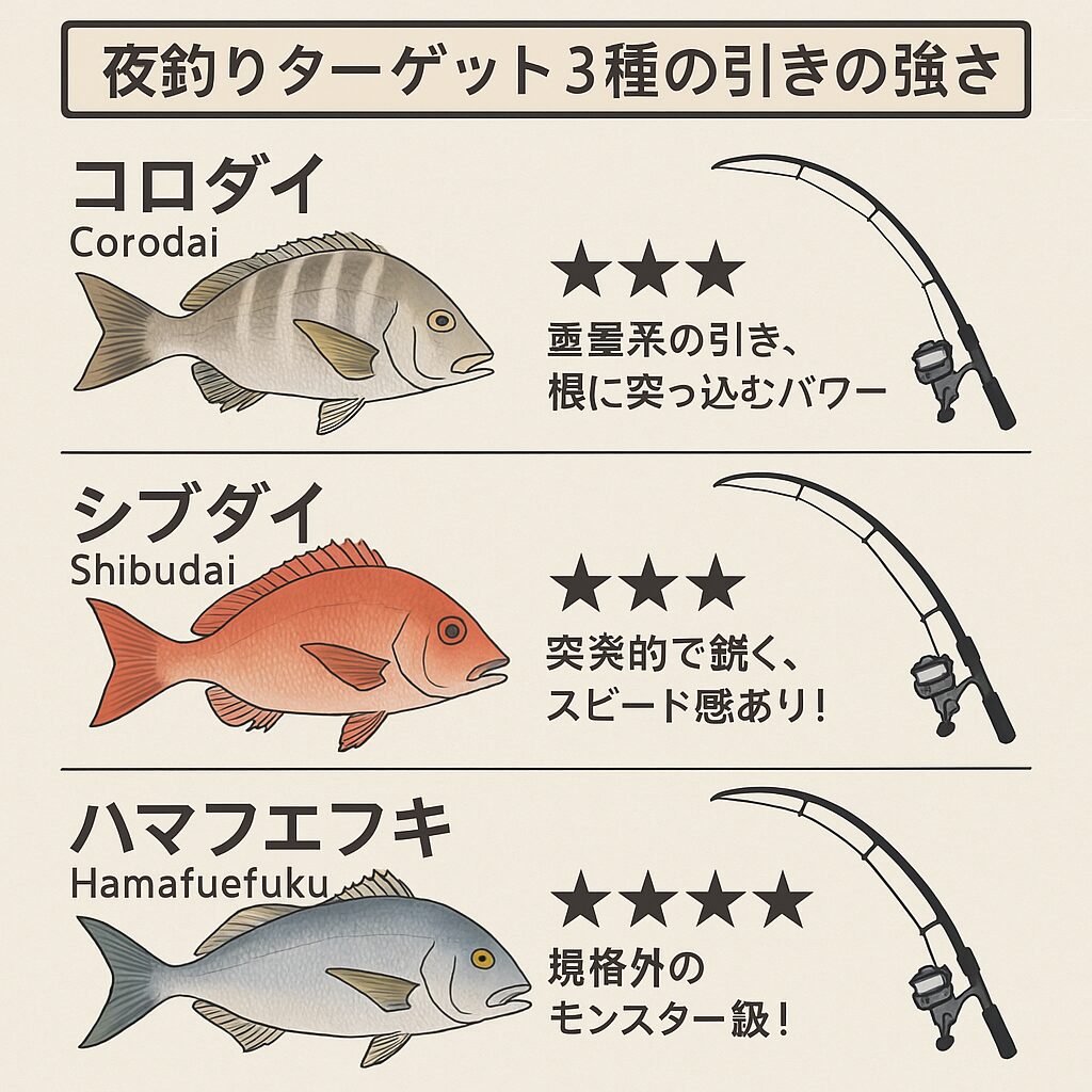コロダイ・シブダイ・ハマフエフキの引きはどれほど強い？夜釣りターゲットのパワー比較！釣太郎