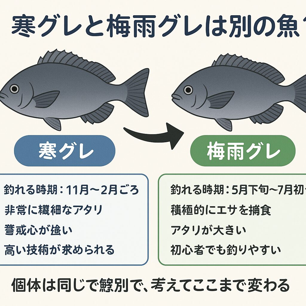 寒グレを釣るのは高度なテクニックが必要だが、梅雨グレはビギナーさんでも釣れる。これらは個体が別？同じ？ふかせ釣り入門。釣太郎