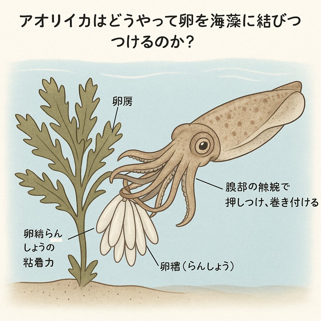 アオリイカの卵はどうやってくっついているの？ アオリイカのメスは、ゼリー状の物質（卵鞘）に包まれた卵房を産み出す この卵鞘は粘着性があり、水中で海藻やロープに接着する 腹部の触腕で押しつけたり、巻き付けるように動かすことで結着する 複数の卵房が絡み合い、まとまってしっかり固定される。釣太郎