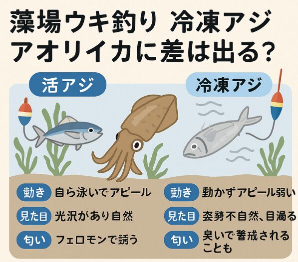 海藻が生えている藻場なら、冷凍アジをエサにウキ釣りでアオリイカが狙える。釣太郎