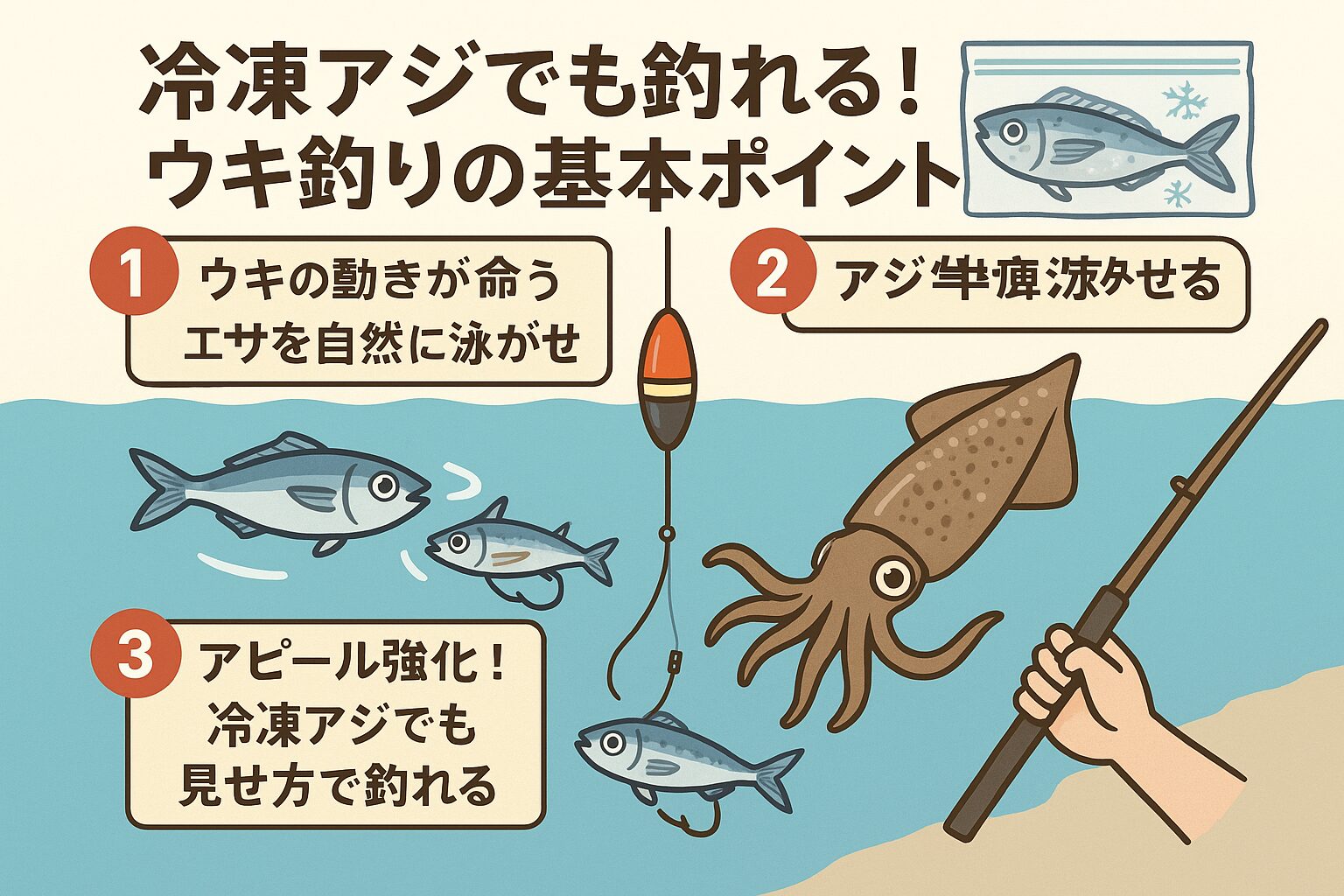 冷凍アジを使ったアオリイカのウキ釣りについて、「釣れるコツ」と「ポイント」を初心者にもわかりやすく整理して解説。釣太郎