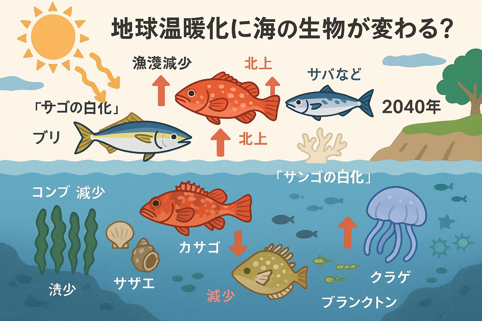 「地球温暖化による海の生物の変化と未来予測」について、AIの視点から構成したブログ記事形式の解説文です。釣太郎