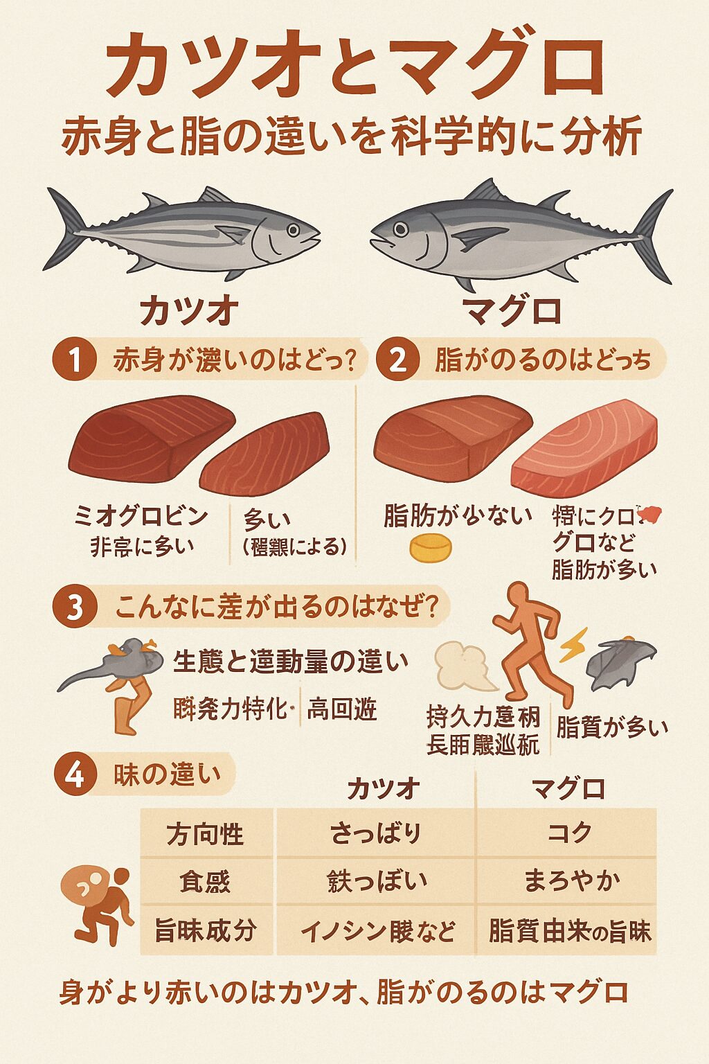 カツオとマグロ、身が赤いのどっち?脂がのる方は?違いはどこにある?化学的に分析。釣太郎