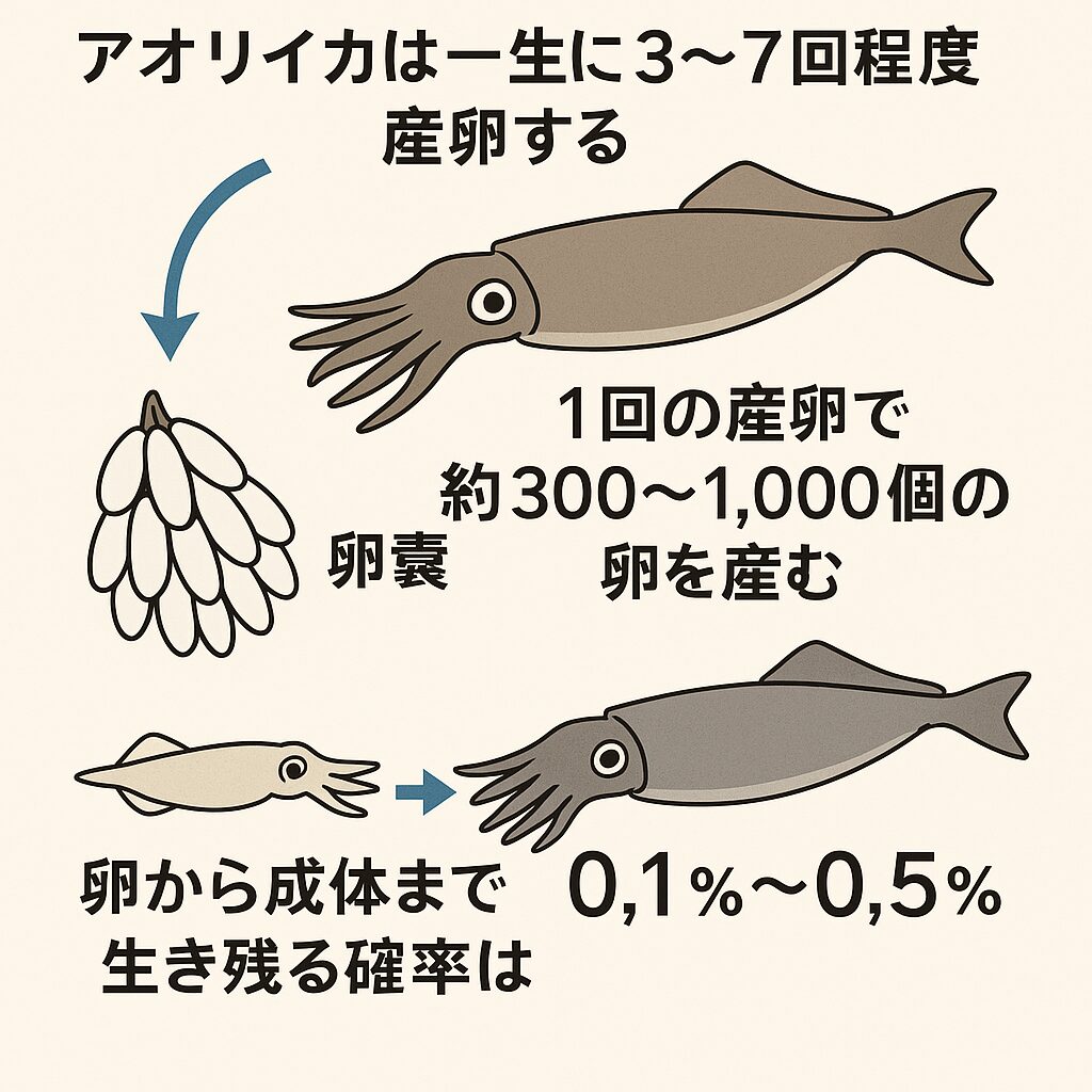 アオリイカは一生に3～7回程度産卵する。1回で300～1000個以上の卵を産みつける。そこから大人になるのは、わずか0.1～0.5％。釣太郎