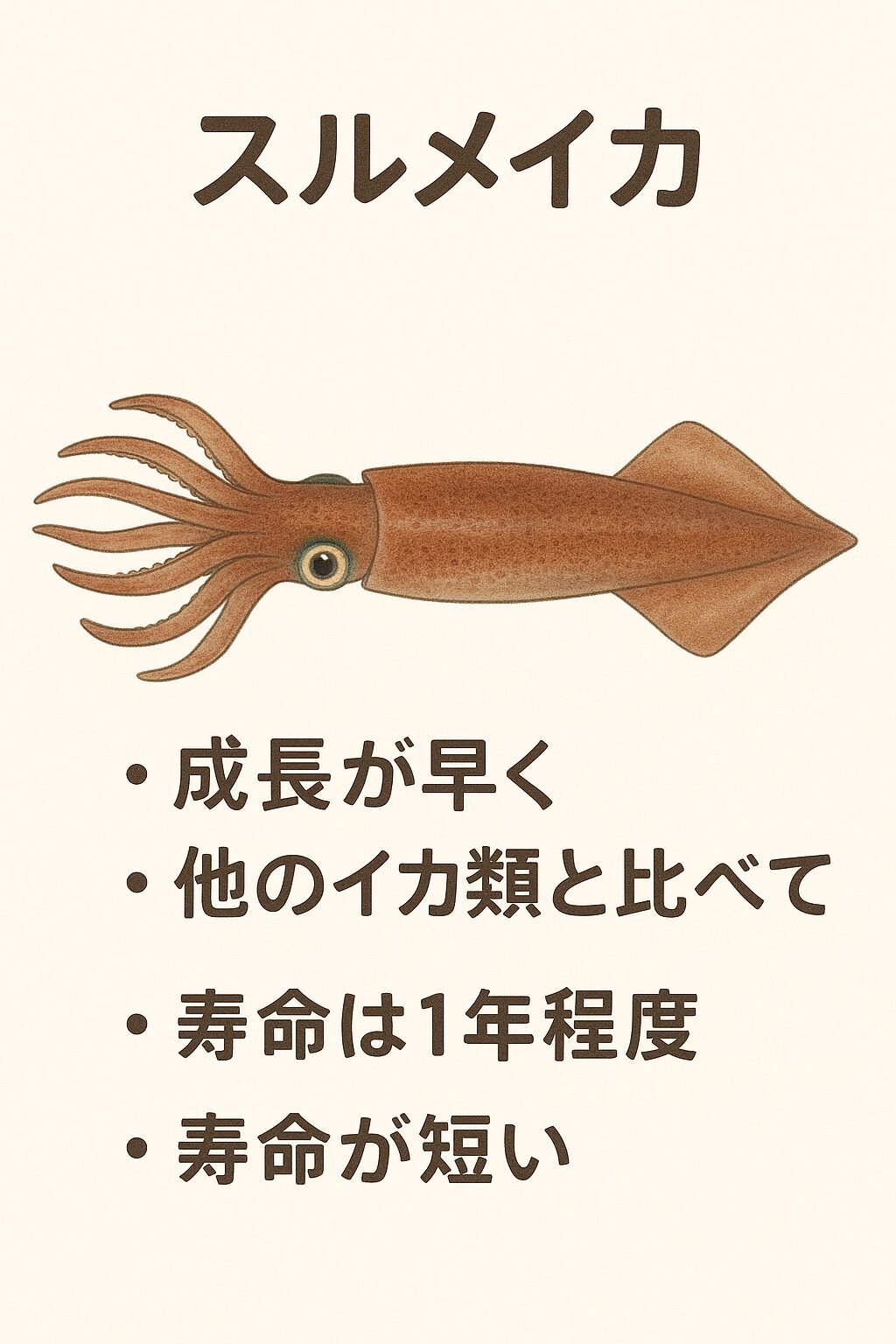 スルメイカ(鯣烏賊)は、他のイカ類と比べても成長が早く、寿命が短い。釣太郎