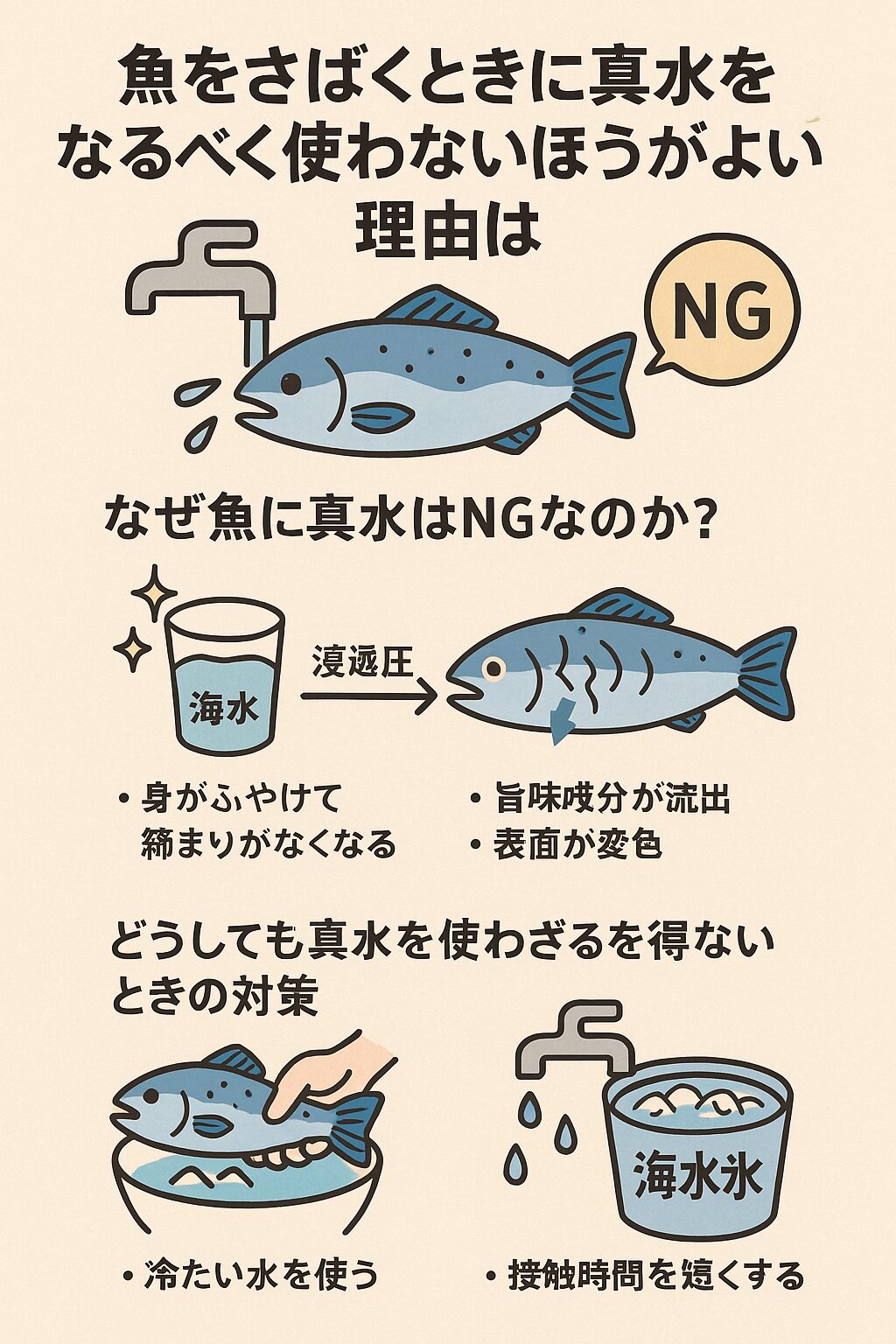 魚をさばくときは、真水は必要最小限に。海の恵みを損なわない処理がベスト。釣太郎
