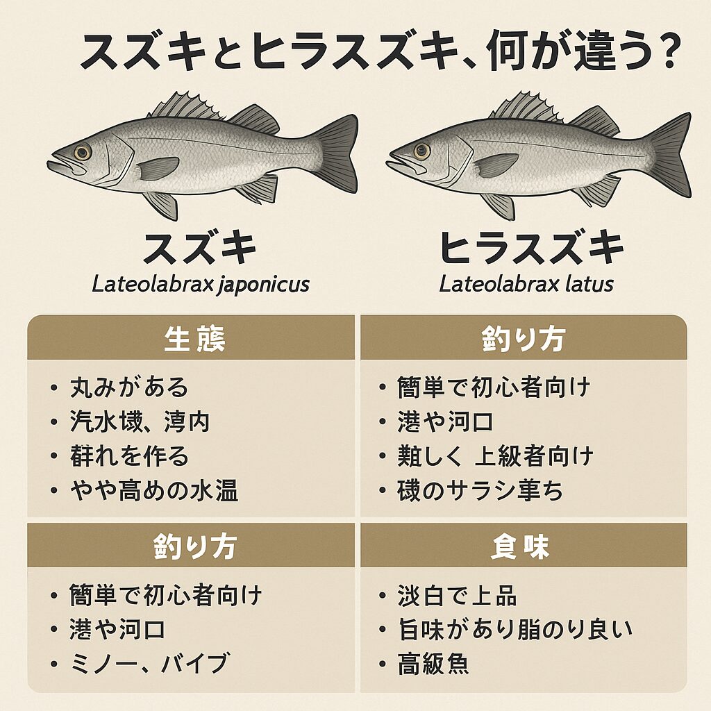 「スズキ」と「ヒラスズキ」の違いを釣り人向けに、生態・食味・市場価値の視点から解説。釣太郎