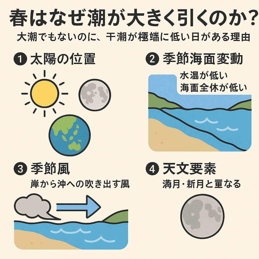 春の干潮が大きくなる主な理由説明。釣太郎