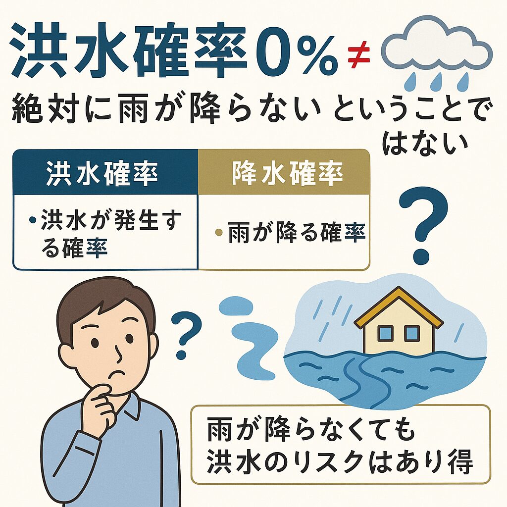 洪水確率０％でも、雨が降る確率は“ゼロではない”と理解しよう。釣太郎