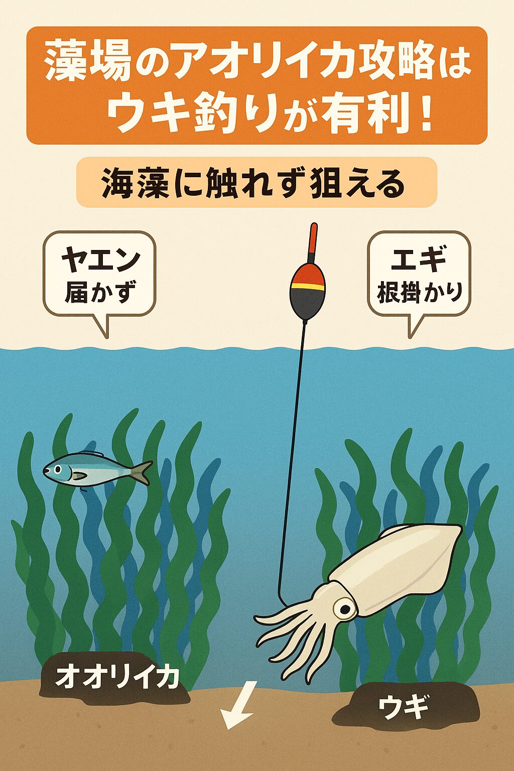 初夏は海藻＝アオリイカ。でも釣り難い。そんな時はウキ釣りで効力がベスト。冷凍アジでも使えます。釣太郎