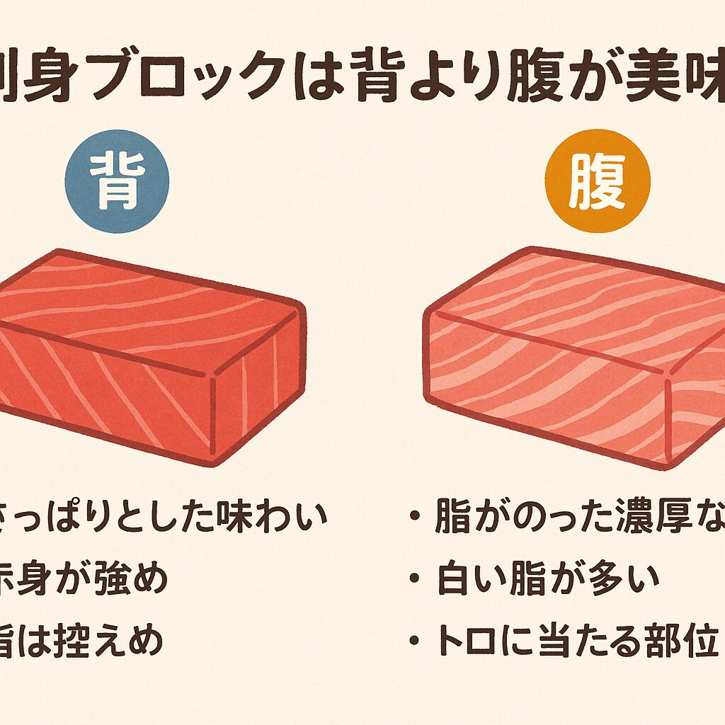 刺身ブロック(柵)は背より腹が美味?部位で変わる「味」と「脂のり」の秘密説明。釣太郎