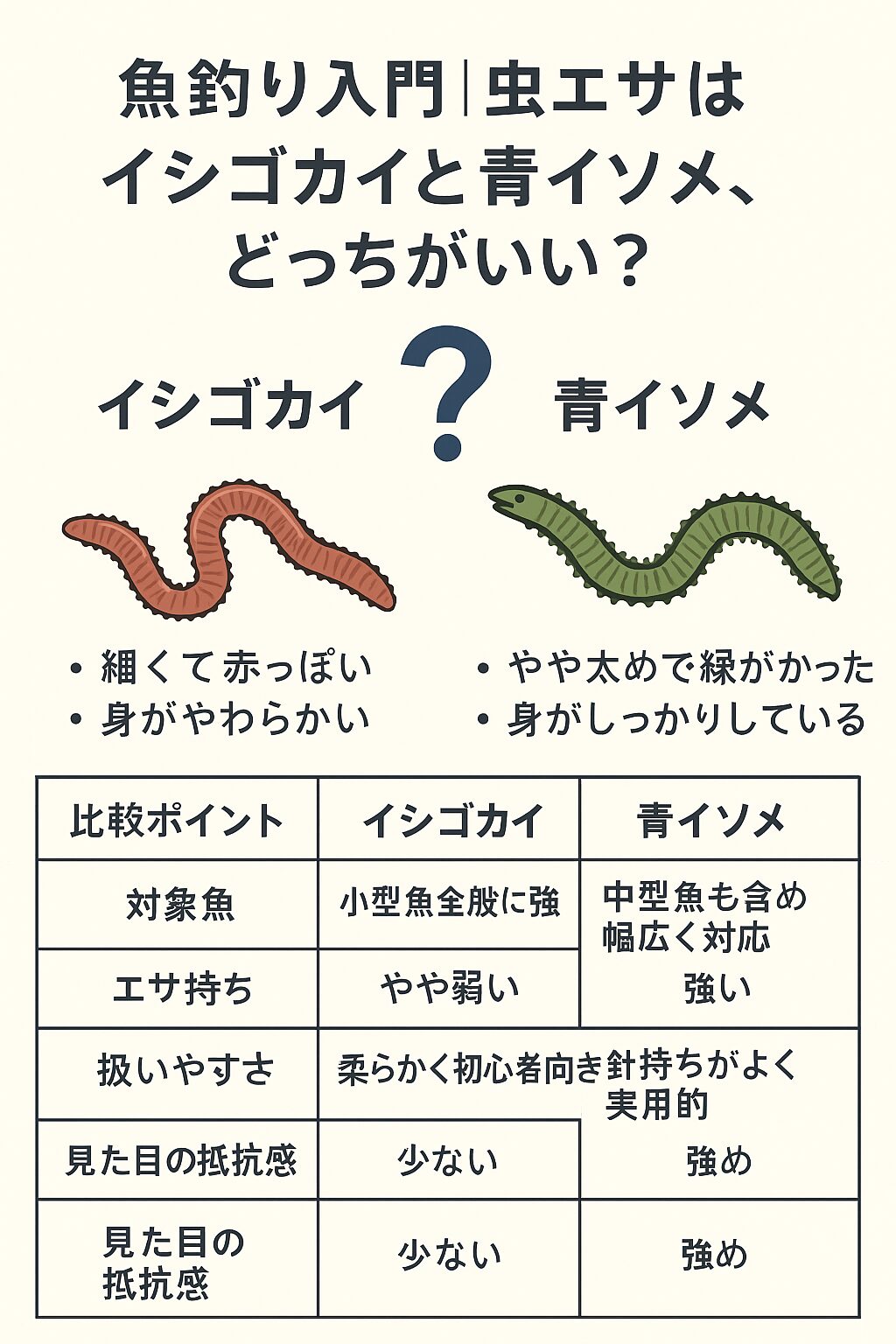 釣り入門者へ、青イソメと石ゴカイの違い、特徴のご説明。釣太郎