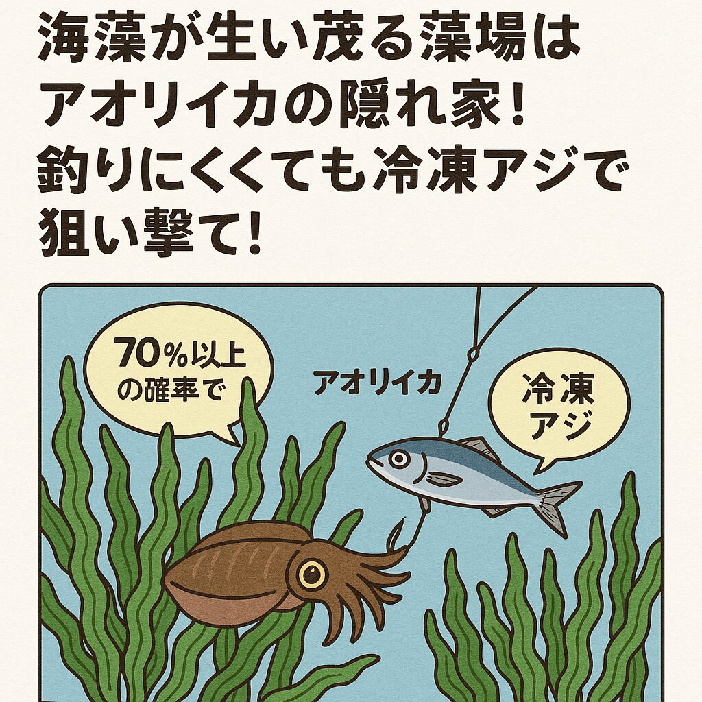 海藻が生い茂る藻場は、70％以上の確率でアオリイカが潜んでいる。釣太郎