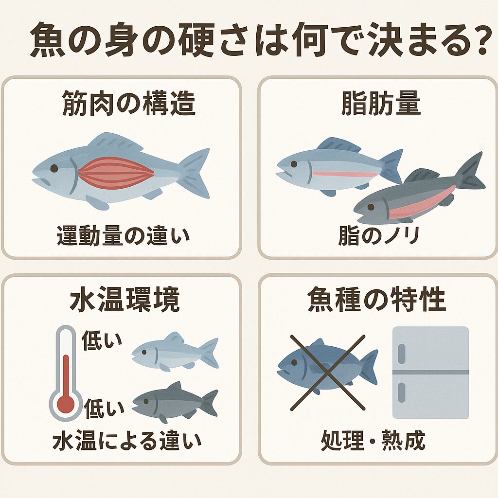 魚の身が「硬い」「柔らかい」に分かれる理由は、筋肉の構造・脂肪量・運動量・水温環境・魚種の特性といった複数の要素が絡み合っています。釣太郎