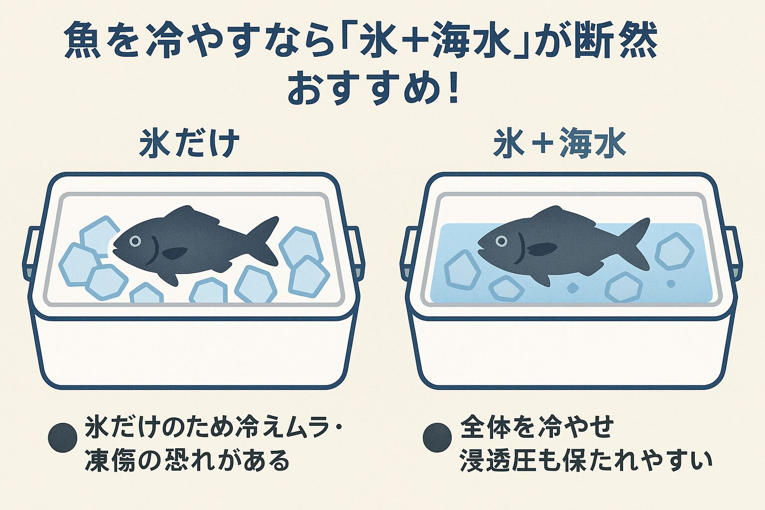 魚の冷却は氷だけと、氷に海水を入れるの、どちらがいいの？釣太郎