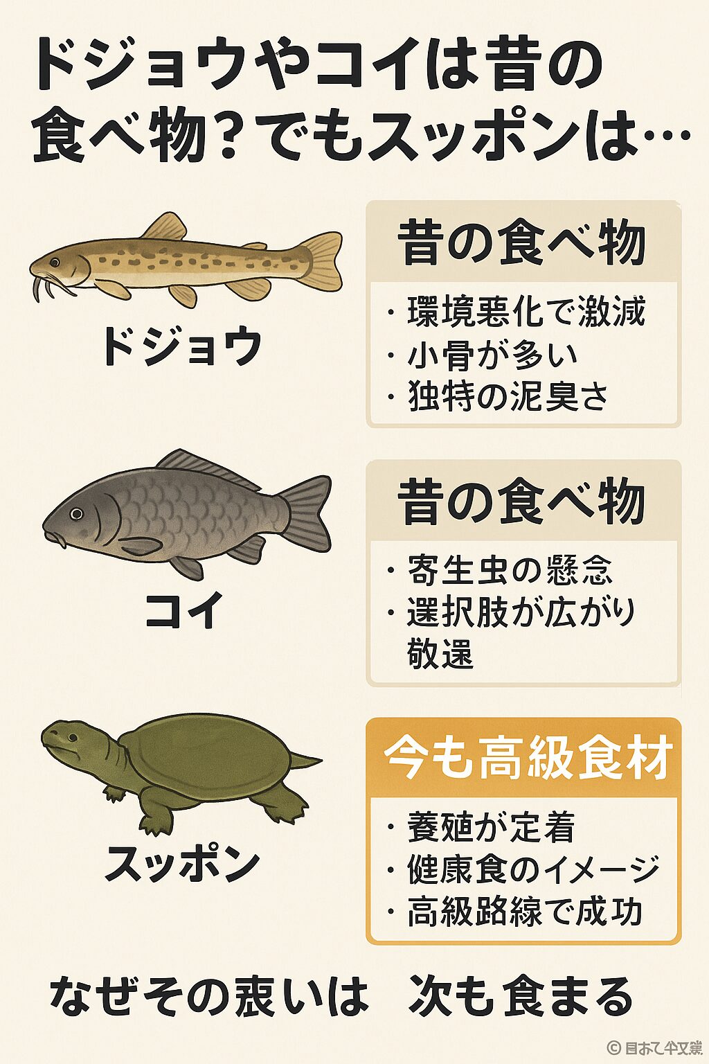ドジョウやコイは昔の食べ物？でもスッポンは今も食べ続けられる理由【食文化の違いを解説】釣太郎