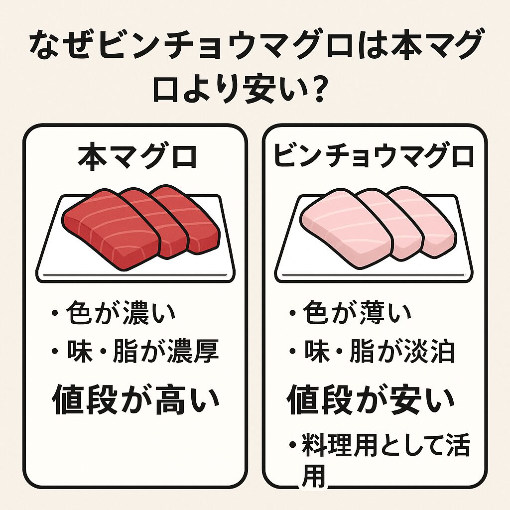ビンチョウマグロと本マグロの色・味・価格の違いについて、科学的な根拠とともに詳しく解説します。釣太郎