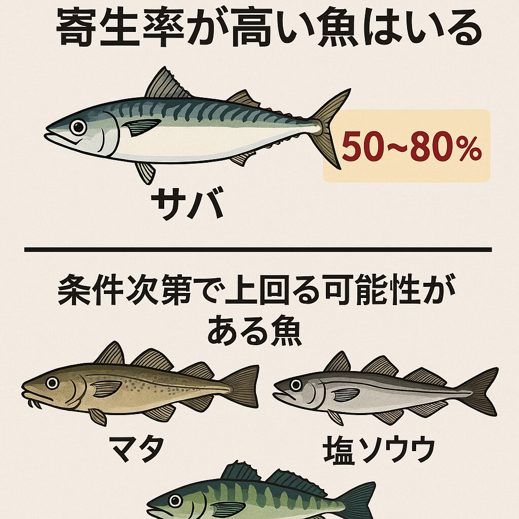 アニサキス、マダラ（真鱈）は内臓（特に肝・白子付近）に高率寄生。生息水域により90％以上の寄生例あり。釣太郎