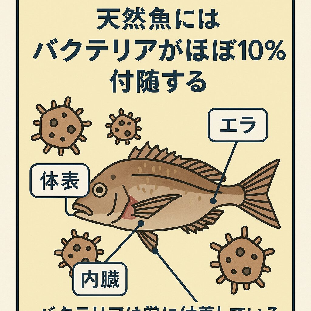 天然魚にはほぼ100％の確率で、バクテリア（細菌）が付着しています。釣太郎